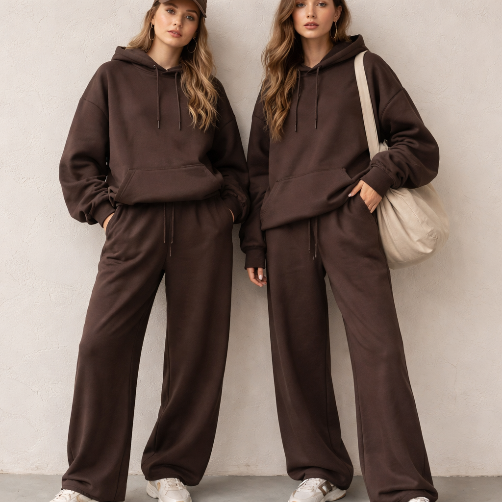 Design a premium dark brown co-ord set named “Vintage Sisters”.
The set consists of wide-leg sweatpants with a relaxed, flowy silhouette and an oversized hoodie.
The fabric should look soft, heavyweight, and cozy, with a high-quality finish suitable for elevated loungewear.
The design carries a vintage-inspired aesthetic, blending minimalism with effortless street style.
Clean lines, subtle detailing, and a timeless, muted dark brown tone that reflects warmth and sophistication.
The overall vibe is relaxed, confident, and stylish — perfect for modern everyday wear with a nostalgic touch.
Athleisure fashion design: **"Vintage Sisters" Co-ord Set**
Dark brown, soft cotton wide-leg sweatpants and oversized hoodie. Relaxed fit, clean lines. Subtle details, no pattern. Heavyweight fabric for comfort and warmth. Elevated loungewear with a vintage, street-style aesthetic.