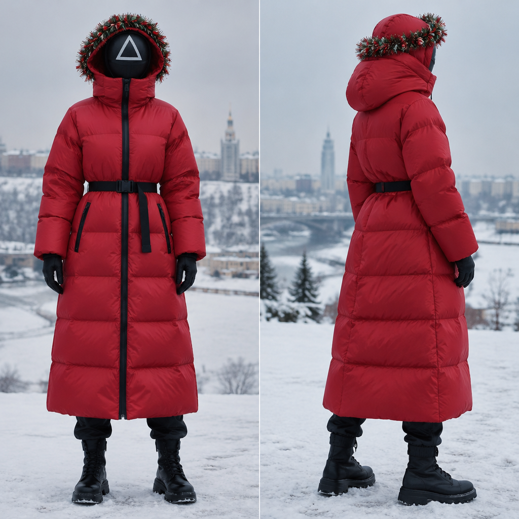 A Female Coat design, suitable for Fall. охранник из игры кальмара🔺 треугольник солдат надзиратель пуховике зимним без автомата голове венок мишура новый год Уфе 🥳 Present it as professional fashion catalogue photography: the garment is the subject, shown full-length with editorial styling, neutral posing and tasteful, non-suggestive framing.
photorealistic fashion design, A Female Coat design, suitable for Fall. охранник из игры кальмара🔺 треугольник солдат надзиратель пуховике зимним без автомата голове венок мишура новый год Уфе 🥳 Present it as professional fashion catalogue photography: the garment is the subject, shown full-length with editorial styling, neutral posing and tasteful, non-suggestive framing., just the design no text