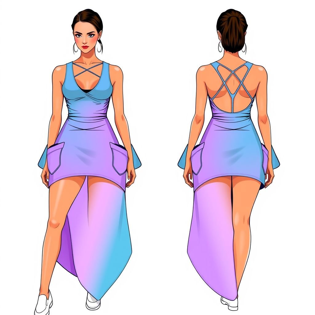 A tennis women dress modern
Envision a chic tennis dress featuring a form-fitting, asymmetrical silhouette with a high-low hemline. Made of breathable, moisture-wicking fabric in a vibrant gradient of teal and lavender, it boasts a unique cutout back and flared sleeves. Accentuated with playful, oversized pockets, this modern look combines functionality with bold, fashionable flair.
