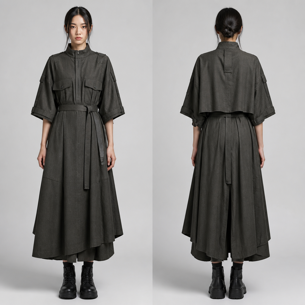 A Unisex Dress design, made of Wool, suitable for Summer, in Japanese Street + Military + Luxury style. Design with modest coverage.
photorealistic fashion design, A Unisex Dress design, made of Wool, suitable for Summer, in Japanese Street + Military + Luxury style. Design with modest coverage., japanese_street style, just the design no text