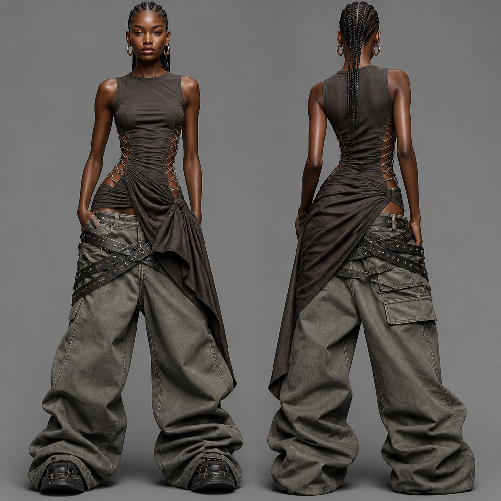 A Female fashion design. Full-body high-fashion illustration of a feminine luxury streetwear outfit.
A sleeveless asymmetrical mini gown paired with extremely oversized baggy trousers. The gown is fitted through the bodice with a snatched waist and body-contouring silhouette. No sleeves and no halter neck. The neckline is clean and elegant, with wide shoulder coverage or thin shoulder straps depending on the design.
The dress is short, ending at the upper thigh. One side of the hem is shorter while the opposite side extends lower, creating a dramatic asymmetrical effect. The gown is gathered and tied at one hip, forming beautiful draping, ruching, and fabric folds. The tied section creates a stylish side-knot detail that pulls the fabric diagonally across the body.
Side corset-style lace-up panels run along the waist area, featuring crisscross lacing and small skin-revealing openings. The waist is highly defined and feminine.
Underneath, the outfit is paired with ultra-baggy low-rise trousers. The trousers feature exaggerated volume, wide legs, deep folds, and fabric pooling around the footwear. Multiple diagonal belts wrap across the hips in a layered Y2K streetwear style.
Style: edgy, savage, baddie aesthetic, luxury streetwear, fashion-week runway, Nigerian-inspired fashion energy, elegant yet rebellious, high-fashion editorial design, realistic fabric textures, designer-level fashion illustration.. Nigeria fashion aesthetics. Design with modest coverage.
photorealistic fashion design, A Female fashion design. Full-body high-fashion illustration of a feminine luxury streetwear outfit.
A sleeveless asymmetrical mini gown paired with extremely oversized baggy trousers. The gown is fitted through the bodice with a snatched waist and body-contouring silhouette. No sleeves and no halter neck. The neckline is clean and elegant, with wide shoulder coverage or thin shoulder straps depending on the design.
The dress is short, ending at the upper thigh. One side of the hem is shorter while the opposite side extends lower, creating a dramatic asymmetrical effect. The gown is gathered and tied at one hip, forming beautiful draping, ruching, and fabric folds. The tied section creates a stylish side-knot detail that pulls the fabric diagonally across the body.
Side corset-style lace-up panels run along the waist area, featuring crisscross lacing and small skin-revealing openings. The waist is highly defined and feminine.
Underneath, the outfit is paired with ultra-baggy low-rise trousers. The trousers feature exaggerated volume, wide legs, deep folds, and fabric pooling around the footwear. Multiple diagonal belts wrap across the hips in a layered Y2K streetwear style.
Style: edgy, savage, baddie aesthetic, luxury streetwear, fashion-week runway, Nigerian-inspired fashion energy, elegant yet rebellious, high-fashion editorial design, realistic fabric textures, designer-level fashion illustration.. Nigeria fashion aesthetics. Design with modest coverage., just the design no text