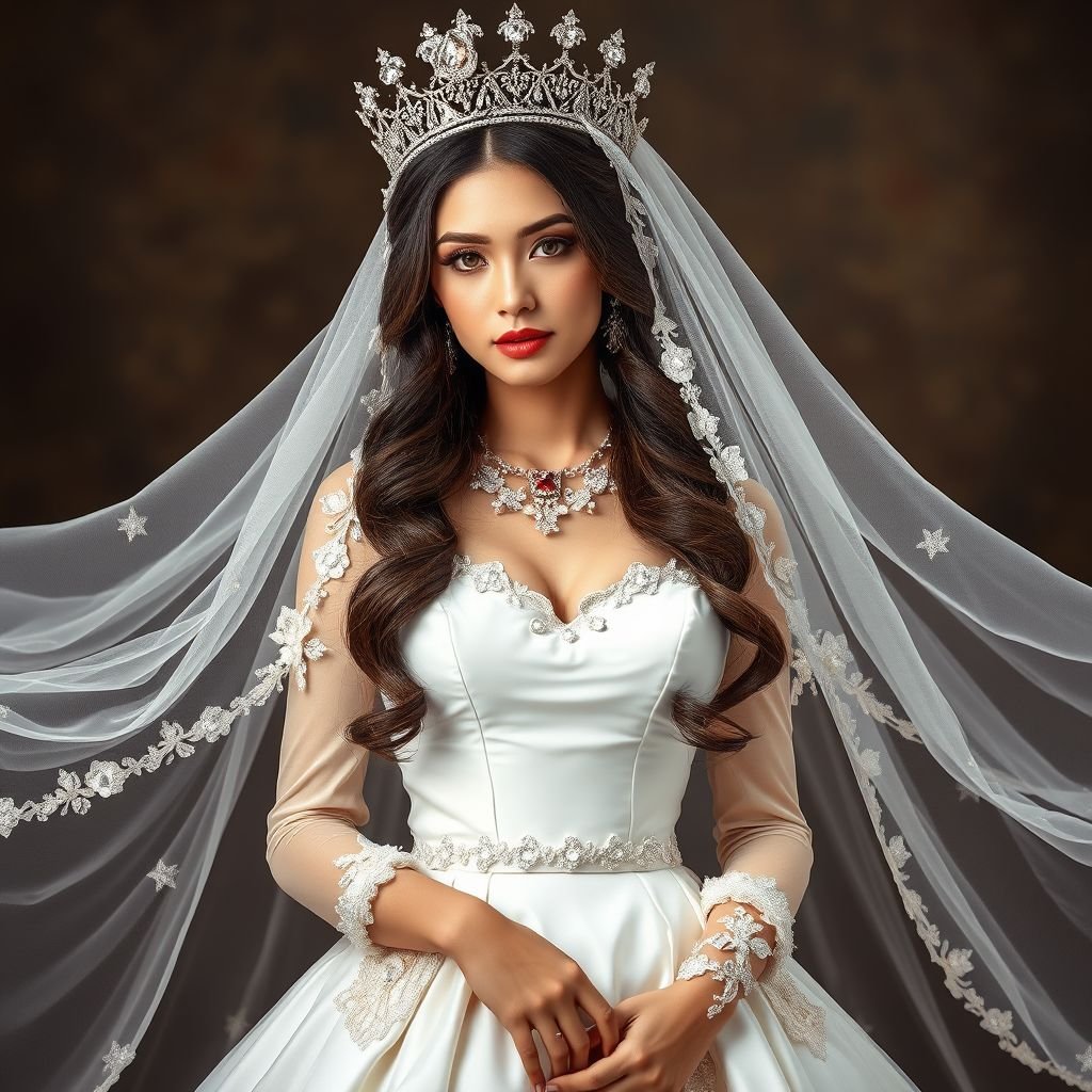 Think orthodox wedding here. Full model sized human. We need every dress detail!!! :) YAY Imagine all to see in ones appearance.. first the crown. Wow breathtaking! The embarking, the chains dangling around each spike of diamond. Then the veil.. mesh and see through, to see the beautiful brunette hair with balayage and baby lights. Design through the ends of the veil. Dress.. hmm.. I’m thinking flowy at the bottom and shaping at the waist. Pearl designs in the diameter of the bottom flowy part. On each side of the hip of the dress, curtain soft flower designs as on the inside is a pocket:). Necklace and makeup like Mary mandolin.. ORTHODOX beauty. Shoes spiral up the legs of the woman like a ballerina.. you can do the rest:)
Imagine an enchanting orthodox wedding ensemble where elegance reigns supreme. The model dazzles in a regal crown, adorned with intricate diamond-studded spikes that glisten with every movement. The ethereal mesh veil cascades over her luscious brunette balayage, detailed with floral patterns along the edges. The dress, tailored to perfection, hugs the waist while flowing gracefully to the ground. Pearl accents embellish the hem, reflecting light like scattered stars, while soft, curtain-like flower designs on the hips conceal hidden pockets. A statement necklace, reminiscent of Mary Magdalene's grace, complements her radiant makeup, embodying traditional beauty. The pièce de résistance? Spiraling ballet-inspired shoes that elegantly entwine her legs, completing this breathtaking bridal vision.