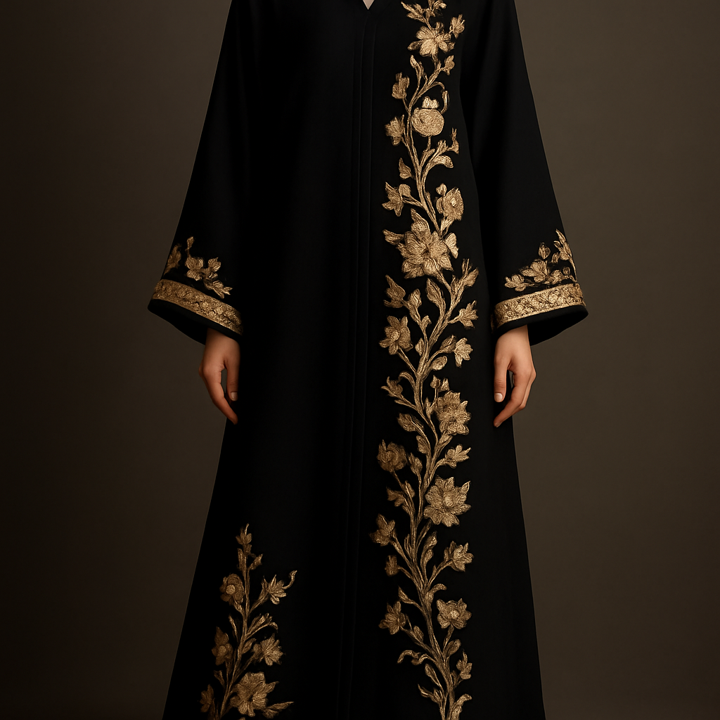 The Golden Noir Couture Abaya
Tone: Black with muted gold
Design:
Couture gold-thread floral embroidery climbing up the sides of the abaya.
Embellishment:
Rich champagne stones highlighting the flowers and outlining the sleeves.
Vibe:
High-end, sophisticated, luxury statement.
The Golden Noir Couture Abaya
Tone: Black with muted gold
Design:
Couture gold-thread floral embroidery climbing up the sides of the abaya.
Embellishment:
Rich champagne stones highlighting the flowers and outlining the sleeves.
Vibe:
High-end, sophisticated, luxury statement.