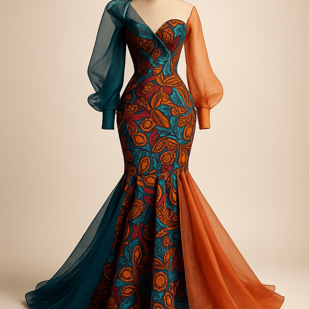 Create a gown that's first of its kind, featuring a unique design that made of colorful Ankara with two tone organza fabric that classy and have a sophisticated vibe. I'd like three designs, each showcasing different styles and designs which will 
Incorporate high-end, unique chic designs 

Create a gown that's first of its kind, featuring a unique design that made of colorful Ankara with two tone organza fabric that classy and have a sophisticated vibe. I'd like three designs, each showcasing different styles and designs which will 
Incorporate high-end, unique chic designs , classic style