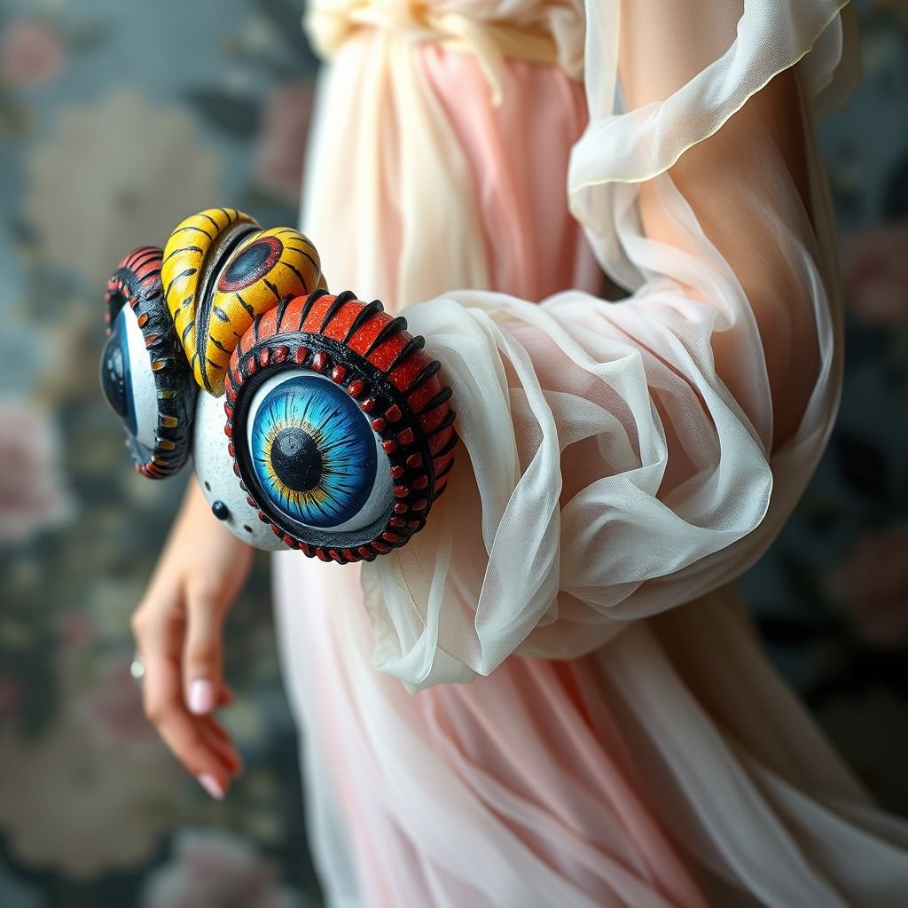 Papier-mâché bangle which is painted eyes on it
Imagine a whimsical couture collection inspired by dreamlike surrealism. The centerpiece features an oversized, papier-mâché bangle adorned with intricately painted, oversized eyes in vibrant colors. Pair it with a flowing, ethereal chiffon dress, incorporating fluid silhouettes and soft pastels, allowing the bangle to be a statement piece that captivates and enthralls.