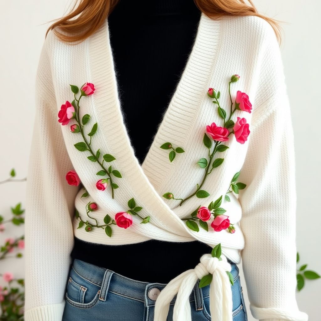 Women’s Wrap style sweater with Marino wool, waist length, pure white with tiny sweet red roses with green foliage on both borders of wrap.
Design a laid-back women’s wrap sweater, crafted from cozy Marino wool in a waist-length silhouette. The pure white fabric showcases delicate clusters of tiny sweet red roses intertwined with lush green foliage, framing the edges for a touch of whimsy. Perfect for casual outings, embody comfort and effortless elegance.