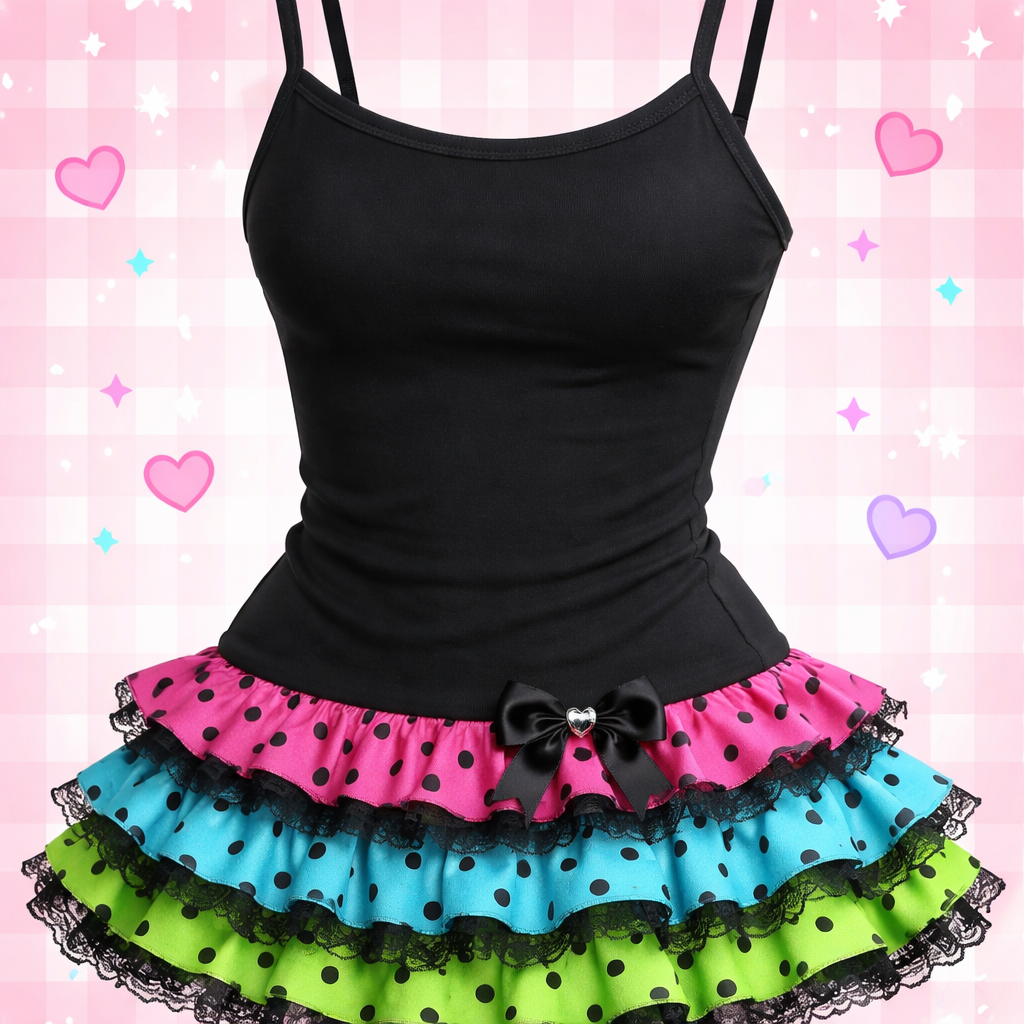 form fitting pretty black tank top with ruffle lace layers at the bottom. one layer is hot pink with black polka dots. one layer is aqua with black polka dots. one layer is bright green with black polka dots. draw just the attire - no people or background.
Japanese Street fashion design: Form-fitting black cotton tank top with stacked ruffle lace layers at the hem. Layers in hot pink with black polka dots, aqua with black polka dots, and bright green with black polka dots create a cute, playful Harajuku look.