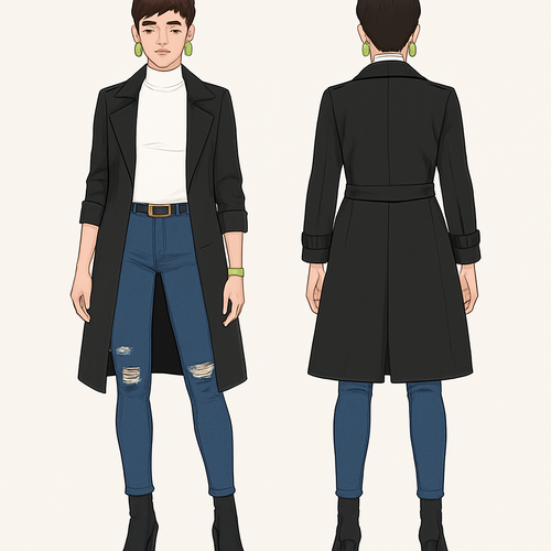 White turtleneck short sleeves black trench coat 
Fitted ripped jeans
Gold belt on pants 
Heel boots 
Lime green earrings and bracelet 
Pixie cut 