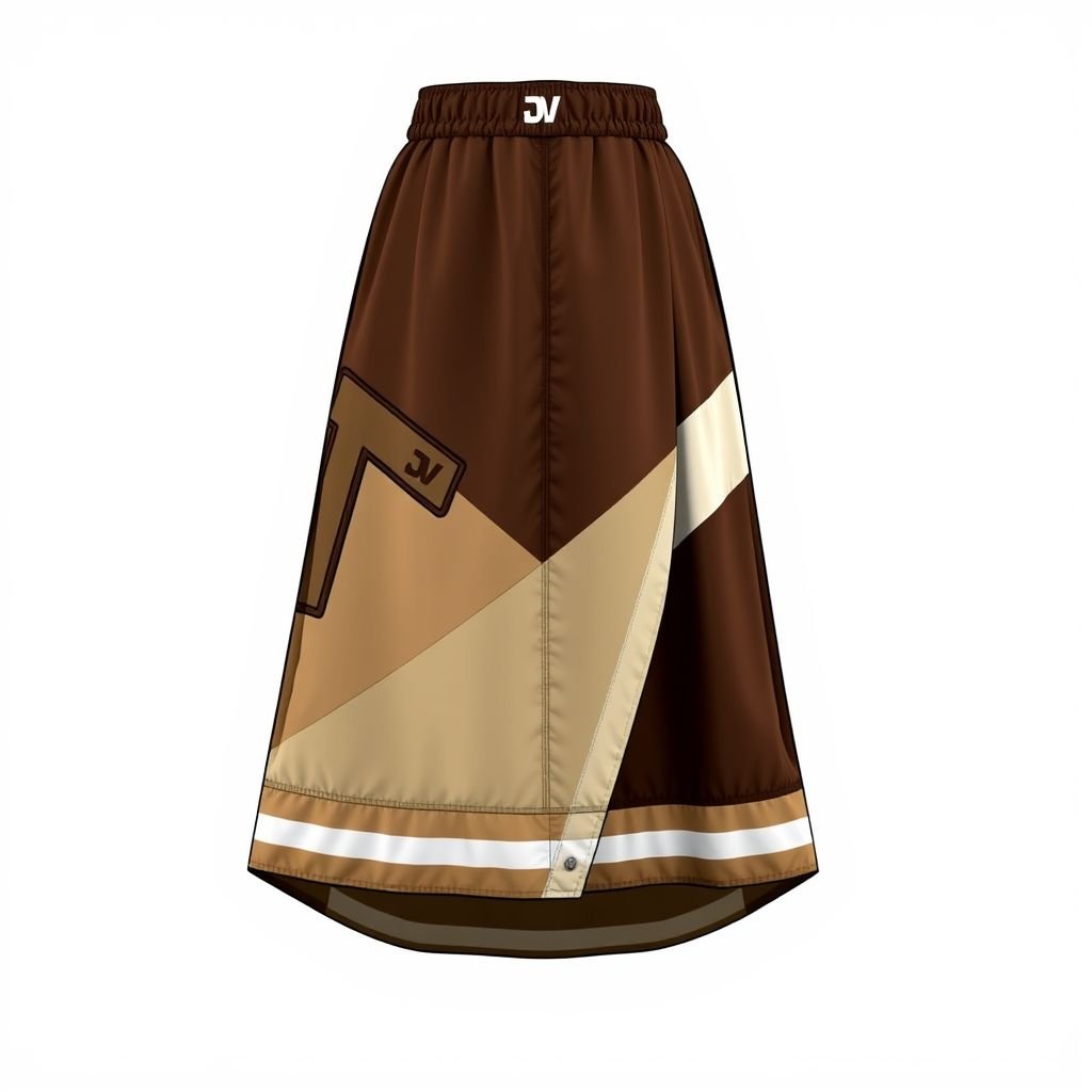 Streetrush women’s Street Sporty Academy Style, Street Hip-Hop Oversized midi skirt. These beige and brown Color-Block Design, windbreaker material skirt. Feature Multiple Stripes, white and dark brown Paneling Design, And Front And Back Pattern Designs, Along With A Creative Double Waistband. They Are Suitable For All-Season Wear, Embody Street Rock Aesthetics, And Are Perfect For Music Festivals And Everyday Outfits. This Style Reflects Y2K Streetwear , Women’s Two-Tone Outdoor Sports , Chicago Jersey , Streetwear , Streetwear skirt. Put “DV” somewhere on it. Create me a logo for my brand “Da’Vine” and put it up there also
Design a women's streetwear piece that embodies the essence of urban culture. Create an oversized, midi skirt crafted from windbreaker material in beige and brown color-blocks, highlighted with bold white and dark brown stripes. Incorporate dynamic front and back patterns and a unique double waistband. This versatile design, ideal for music festivals or everyday wear, features a “DV” emblem and a chic “Da’Vine” logo, reflecting Y2K aesthetics and a Chicago jersey vibe. Emphasize comfort without sacrificing style, merging sporty elements with street rock for a striking fashion statement.