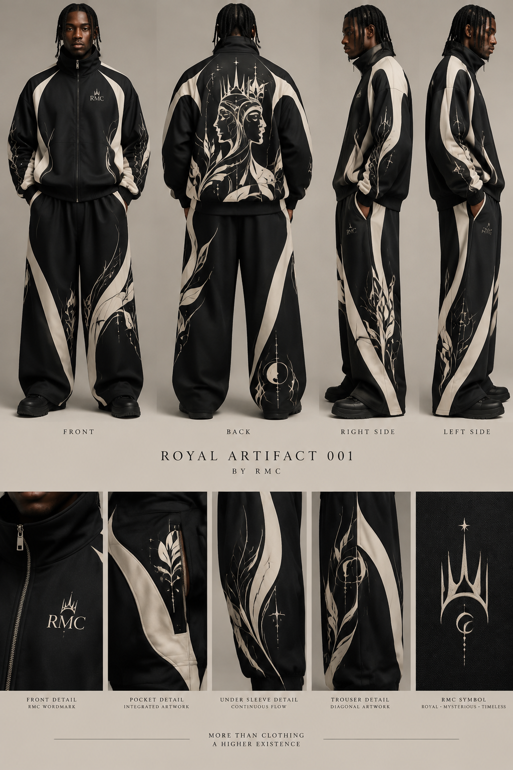 Create an original premium RMC tracksuit called “ROYAL ARTIFACT 001.” Use the uploaded reference images only for general design language, silhouette and panel-flow inspiration, NEVER copy their graphics or exact construction.
Deep matte black and warm ivory only. Premium smooth structured technical fabric. Relaxed elongated oversized silhouette with wide but controlled trousers. No elastic cuffs or ankle cuffs. Controlled waistband only.
Combine flowing organic graphic shapes with sophisticated curved technical garment panels. Make the black and ivory sections follow the natural architecture of the body, wrapping around the sleeves, shoulders, sides and trouser legs.
Create ONE completely original RMC signature artwork: a mysterious abstract royal human profile combined with elegant crown-like geometry, flowing botanical curves, architectural lines and subtle celestial symbols. It must be an original illustration, not a Greek/Roman statue and not based on existing artwork.
The artwork must merge into the garment construction: some lines become seams, some disappear underneath panels, and some reappear elsewhere. Continue the visual language from the jacket into the trousers so the entire tracksuit feels like one connected artwork.
Front should be clean and sophisticated with a refined RMC wordmark and a new standalone RMC symbol. Back should contain the strongest artistic composition. Include unexpected artwork around one pocket opening, underneath one sleeve, along a side seam and diagonally across one trouser leg.
Make it look like wearable art from a high-end fashion house: mysterious, iconic, technical, luxurious, memorable and timeless. No generic streetwear graphics, no random flames, no excessive logos, no copied designs. Show front, back and side views.
Create an original premium RMC tracksuit called “ROYAL ARTIFACT 001.” Use the uploaded reference images only for general design language, silhouette and panel-flow inspiration, NEVER copy their graphics or exact construction.
Deep matte black and warm ivory only. Premium smooth structured technical fabric. Relaxed elongated oversized silhouette with wide but controlled trousers. No elastic cuffs or ankle cuffs. Controlled waistband only.
Combine flowing organic graphic shapes with sophisticated curved technical garment panels. Make the black and ivory sections follow the natural architecture of the body, wrapping around the sleeves, shoulders, sides and trouser legs.
Create ONE completely original RMC signature artwork: a mysterious abstract royal human profile combined with elegant crown-like geometry, flowing botanical curves, architectural lines and subtle celestial symbols. It must be an original illustration, not a Greek/Roman statue and not based on existing artwork.
The artwork must merge into the garment construction: some lines become seams, some disappear underneath panels, and some reappear elsewhere. Continue the visual language from the jacket into the trousers so the entire tracksuit feels like one connected artwork.
Front should be clean and sophisticated with a refined RMC wordmark and a new standalone RMC symbol. Back should contain the strongest artistic composition. Include unexpected artwork around one pocket opening, underneath one sleeve, along a side seam and diagonally across one trouser leg.
Make it look like wearable art from a high-end fashion house: mysterious, iconic, technical, luxurious, memorable and timeless. No generic streetwear graphics, no random flames, no excessive logos, no copied designs. Show front, back and side views., avant garde style