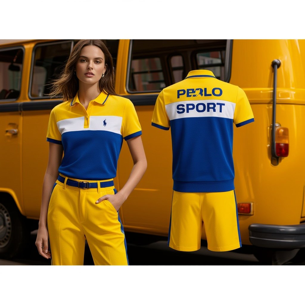 Polo Sport principal color is blue and the second color is yellow.
Sporty fashion: Blue and yellow Polo Sport outfit, cotton, with a sporty fit.