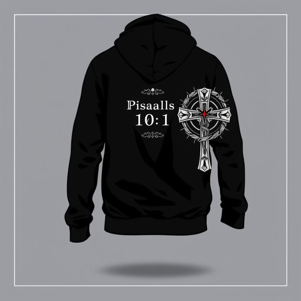 Zip up hoodie with a cross on the right hand side in the front and the crown of thorns on the bottom and the curse of the hoodie. “The LORD said unto my Lord, Sit thou at my right hand, until I make thine enemies thy footstool.” Psalms 110:1 on the back in a cross.
Envision an edgy yet spiritual streetwear collection featuring a zip-up hoodie in deep charcoal, adorned with an embroidered cross on the right front. The crown of thorns delicately wraps around the hem. The back showcases a bold, intricate design of Psalms 110:1 encased in a striking cross, making a powerful statement.
