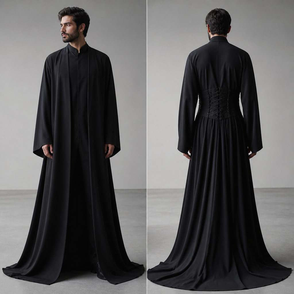 I am designing a black open
Front Abaya for a man with a corseted back make it dramatic and long
photorealistic fashion design, I am designing a black open
Front Abaya for a man with a corseted back make it dramatic and long , minimalist style, just the design no text, show front and back