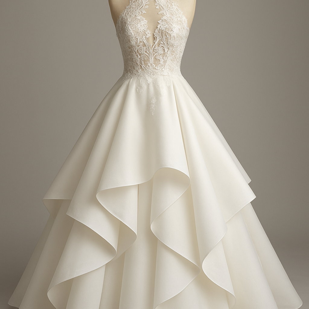 A wedding dress with a crossed over halter neck lace bodice and a large layered a-line bottom with cut pieces layered from the waist. The top half should have a lace design that’s partially sheer
A wedding dress with a crossed over halter neck lace bodice and a large layered a-line bottom with cut pieces layered from the waist. The top half should have a lace design that’s partially sheer, show front and back
