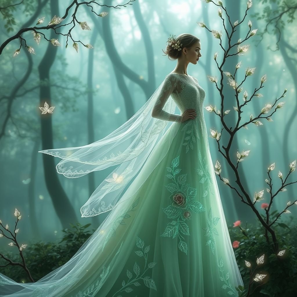 wedding attire
Design a whimsical wedding attire collection inspired by enchanted forests. Imagine flowing gowns adorned with intricate floral embroidery and shimmering leaf motifs, soft pastel colors blending with rich emerald green. Incorporate ethereal capes and nature-inspired accessories, such as branches adorned with tiny crystals, creating a magical, fairy-tale aesthetic for modern brides.