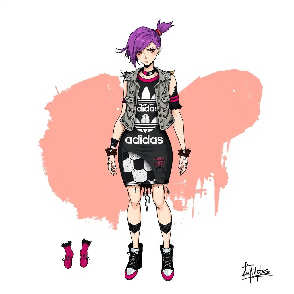 Adidas dress lace vest foodball
Design a bold punk-inspired Adidas dress featuring a form-fitting silhouette with a distressed lace vest layered on top. Incorporate edgy elements like spikes and studs, alongside a unique football print. Highlight vibrant colors and rebellious patterns, ensuring an unconventional mix of sporty and punk aesthetics for an urban streetwear statement.