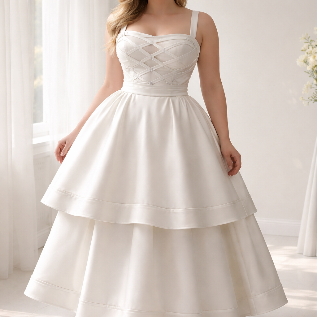 Wedding style dress. White. Silk. Size 14 UK. Corset bodice with several thin diagonally criss crossing ribbons across the whole chest area in a lattice pattern, a diamond studded where the ribbons overlap. Thick wide sleeveless straps. Box shaped neck line, flat across the top. A-line ankle length skirt, silk. Thick ribbon around the waist and the hem of the skirt, no bows. A second skirt over the silk one, from waist to above the knee, also with a thick ribbon around it.
Wedding style dress. White. Silk. Size 14 UK. Corset bodice with several thin diagonally criss crossing ribbons across the whole chest area in a lattice pattern, a diamond studded where the ribbons overlap. Thick wide sleeveless straps. Box shaped neck line, flat across the top. A-line ankle length skirt, silk. Thick ribbon around the waist and the hem of the skirt, no bows. A second skirt over the silk one, from waist to above the knee, also with a thick ribbon around it.