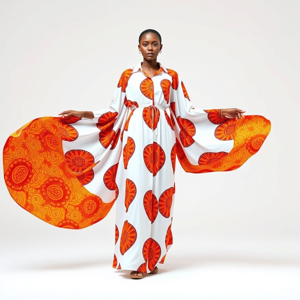 An African-inspired, floor-length maxi dress with a shirt collar, flowing angel sleeves that reach the wrists, and a relaxed, boo-boo style. The dress features vibrant Ankara patterns in rich orange, red, and yellow tones on a white background, similar to the reference image. Important: The dress has no band, no belt, and no full waist tie. Instead, it has small, adjustable strings at the left and right corners of the waist, which can be tied at the sides, allowing the wearer to create gentle folds at just these corners without tightening the entire waist. The rest of the dress remains loose, flowing freely to the ankles, maintaining the airy, relaxed feel of a boo-boo. The strings should not wrap around the entire waist, just at the sides, creating a soft, elegant fit when tied. Set against a clean, studio background with soft, even lighting to highlight the rich colors and texture.
Design an African-inspired floor-length maxi dress featuring a structured shirt collar and flowing angel sleeves that gracefully extend to the wrists. The fabric bursts with vibrant Ankara patterns, showcasing a lively palette of orange, red, and yellow against a crisp white backdrop. This relaxed boo-boo silhouette includes discreet adjustable strings on each side, allowing gentle folds at the waist while maintaining an airy, free-flowing fit. This effortless elegance embodies cultural pride and contemporary design, perfect for any celebration or casual gathering. The clean studio setting emphasizes the dress’s exquisite colors and dynamic textures, creating a stunning visual narrative.