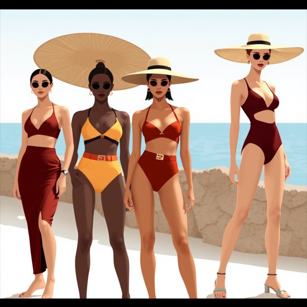 Resort swimwear look minimal style - inspired by fendi
Design a resort swimwear collection featuring sleek, minimal silhouettes infused with Fendi's iconic elegance. Imagine high-waisted bikinis and streamlined one-pieces in muted earth tones, accented with subtle logo detailing. Lightweight, breathable fabrics evoke luxury, while geometric cut-outs add modern flair. Complete the look with oversized, statement sun hats and chic sandals.