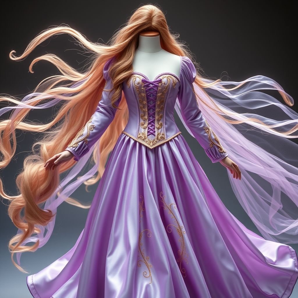 Rapunzel dress
Envision a whimsical Rapunzel-inspired dress that flows like cascading hair, crafted from shimmering lavender silk. The long sleeves drape elegantly, adorned with hand-embroidered golden vines, while a corset bodice features delicate lace-up detailing. A voluminous skirt, reminiscent of blooming flowers, trails behind, capturing the magic of fairy-tale elegance and romance.