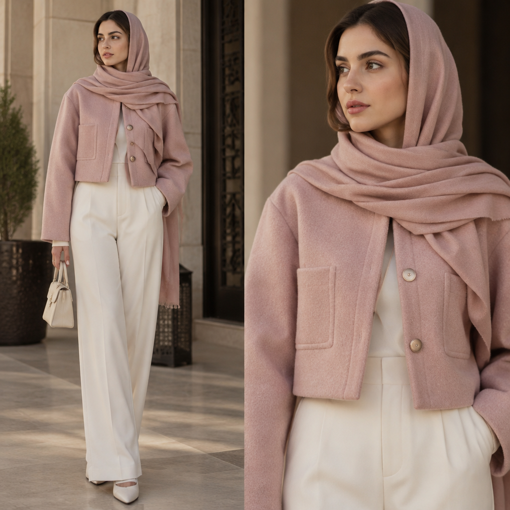 photorealistic fashion design, A Jacket design, made of Wool, with a soft, cosy hand, with a Relaxed silhouette, in a Pastels color palette, for Date Night, suitable for Fall, suited to a Temperate climate, in Casual style, shown on a model with light skin and a slim figure. Saudi Arabia fashion aesthetics. Present it as professional fashion catalogue photography: the garment is the subject, shown full-length with editorial styling, neutral posing and tasteful, non-suggestive framing., casual style, just the design no text. Refinement: لا مو كذي.
خل الجاكيت اقصر ولونه نفس لون الشال الكشمري
photorealistic fashion design, photorealistic fashion design, A Jacket design, made of Wool, with a soft, cosy hand, with a Relaxed silhouette, in a Pastels color palette, for Date Night, suitable for Fall, suited to a Temperate climate, in Casual style, shown on a model with light skin and a slim figure. Saudi Arabia fashion aesthetics. Present it as professional fashion catalogue photography: the garment is the subject, shown full-length with editorial styling, neutral posing and tasteful, non-suggestive framing., casual style, just the design no text. Refinement: لا مو كذي.
خل الجاكيت اقصر ولونه نفس لون الشال الكشمري, just the design no text