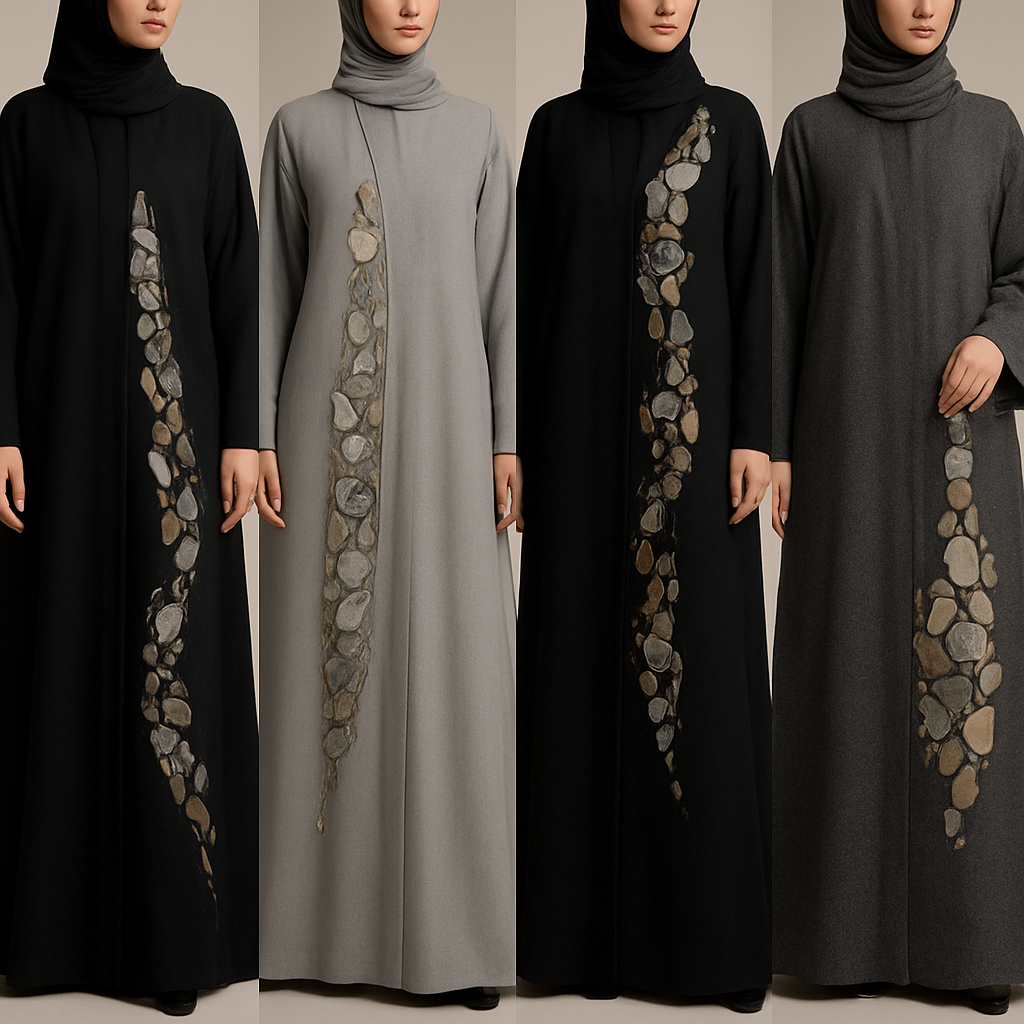Create a modest abaya that's the first of its kind, featuring a unique stone design that exudes a classy and sophisticated vibe. I'd like four designs, each showcasing different styles and fabrics.
Incorporate high-end, unique chic stone designs to make them truly special. Add a little sophisticated stone work to it.

Create a modest abaya that's the first of its kind, featuring a unique stone design that exudes a classy and sophisticated vibe. I'd like four designs, each showcasing different styles and fabrics.
Incorporate high-end, unique chic stone designs to make them truly special. Add a little sophisticated stone work to it.
