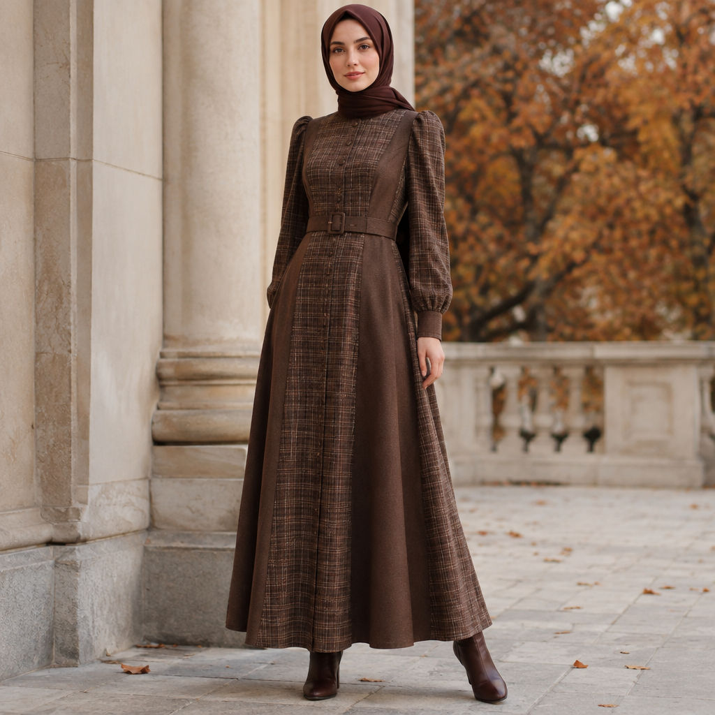 A Female Dress design, with modest, full coverage: longer hemlines, higher necklines and covered shoulders, suitable for Fall. IQ fashion aesthetics. Current season is Autumn in IQ. Present it as professional fashion catalogue photography: the garment is the subject, shown full-length with editorial styling, neutral posing and tasteful, non-suggestive framing.
photorealistic fashion design, A Female Dress design, with modest, full coverage: longer hemlines, higher necklines and covered shoulders, suitable for Fall. IQ fashion aesthetics. Current season is Autumn in IQ. Present it as professional fashion catalogue photography: the garment is the subject, shown full-length with editorial styling, neutral posing and tasteful, non-suggestive framing., just the design no text