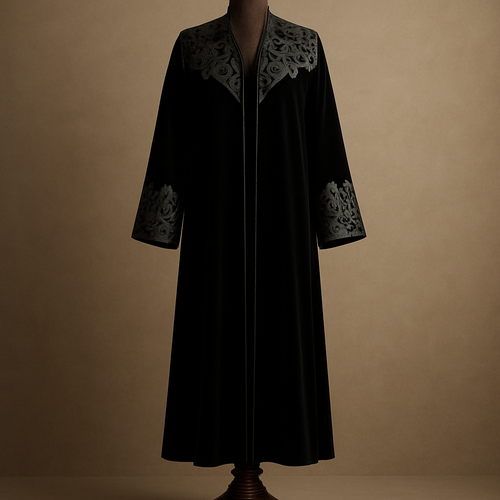 
8) Laser-cut leather appliqué  
Photorealistic full-length black velvet ankle-length abaya on a luxurious polished dark-walnut wooden mannequin with carved pedestal, ankle visible; precision laser-cut matte black leather appliqués layered over velvet at shoulders and cuffs, edged with micro crystal studs for contrast. Studio: focused key + rim to show material contrast, muted beige background. (Midjourney: --ar 2:3 --v 5 --q 