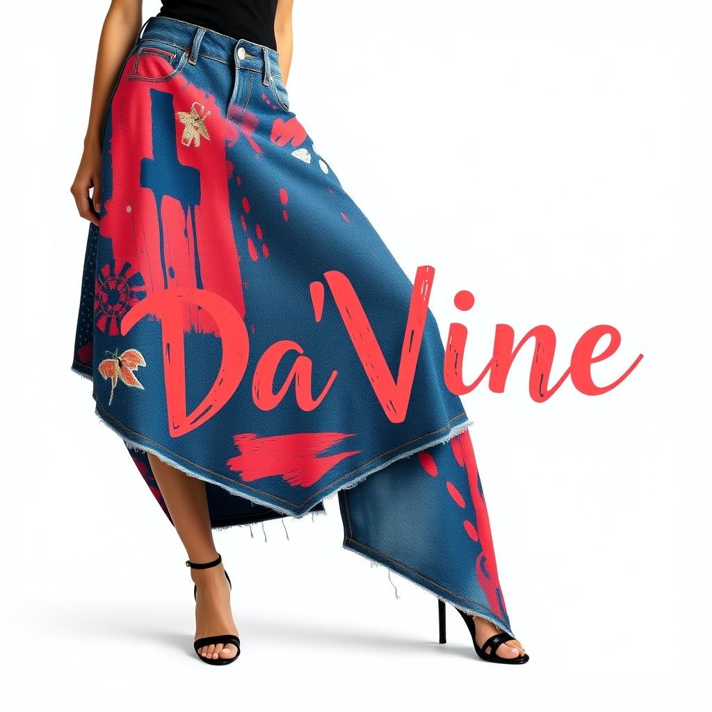 asymmetrical long Jean skirt design with Da’Vine on it
Design an asymmetrical long jean skirt bursting with artsy flair. Incorporate vivid abstract patterns and playful brush strokes to create a painterly effect, blending shades of deep indigo and vibrant coral. Highlight the word "Da’Vine" using an eclectic mix of fonts, woven textures, and intricate embroidery for a unique, expressive touch.