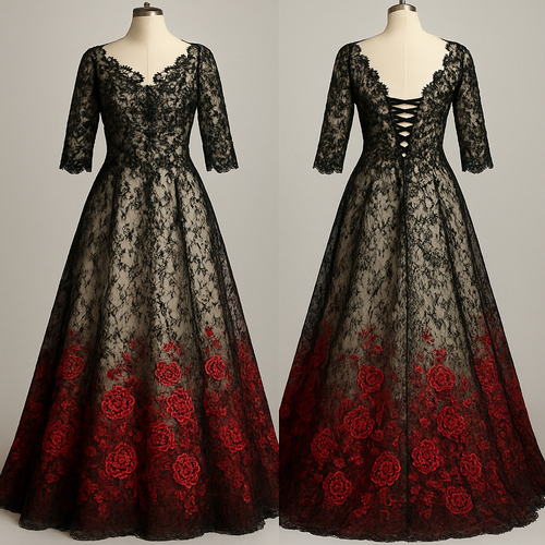 Lace Black A-line 1/3 lace sleeves wedding dress with ivory underlining. Corset back, with embroidered sequin beading on the top. The bottom fades into red with embroidered red sequined roses.