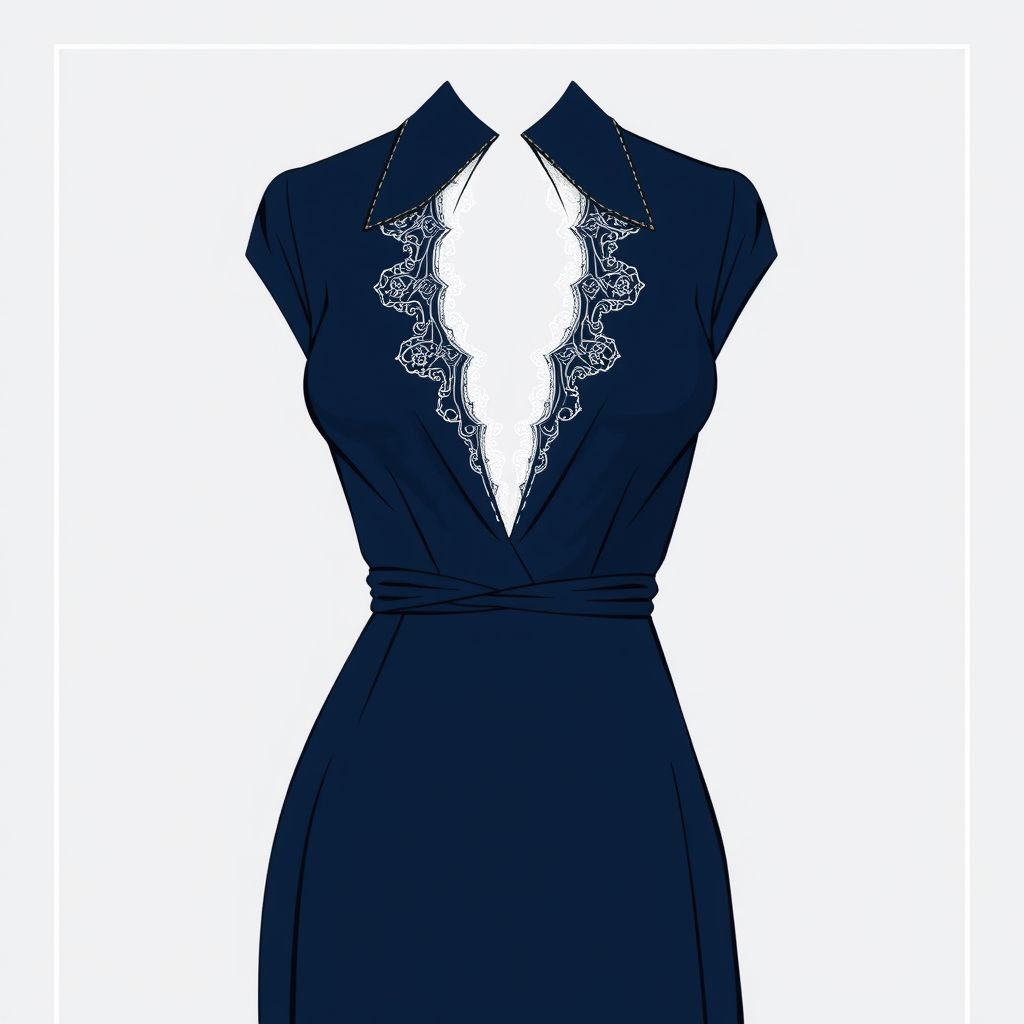 Design a sexy elegant v neck with caller
Design an exquisite classic evening gown featuring a deep V-neckline adorned with a refined collar. The silhouette is tailored to enhance the figure, flowing gracefully to the floor. Choose a luxurious silk fabric in rich navy, complemented by delicate lace detailing at the collar and subtle side slits for an alluring touch.