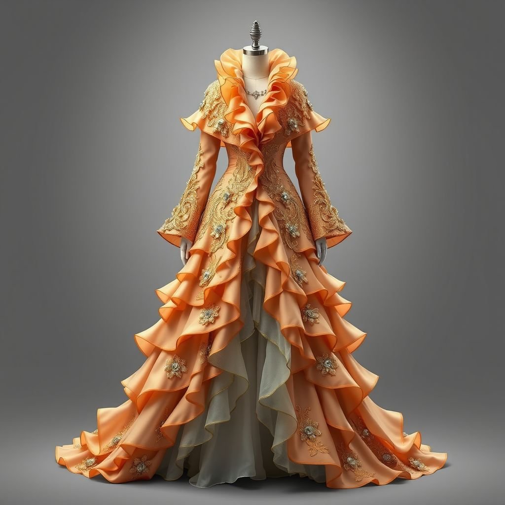 A coat in the shape of a layered princess dress
Design an opulent coat that embodies the enchantment of a layered princess dress, featuring cascading ruffles of silk chiffon and satin. Adorn it with intricate gold embroidery and sparkling crystals. The coat should flow elegantly to the floor, exuding a sense of regal glamour while incorporating a modern silhouette for sophistication.