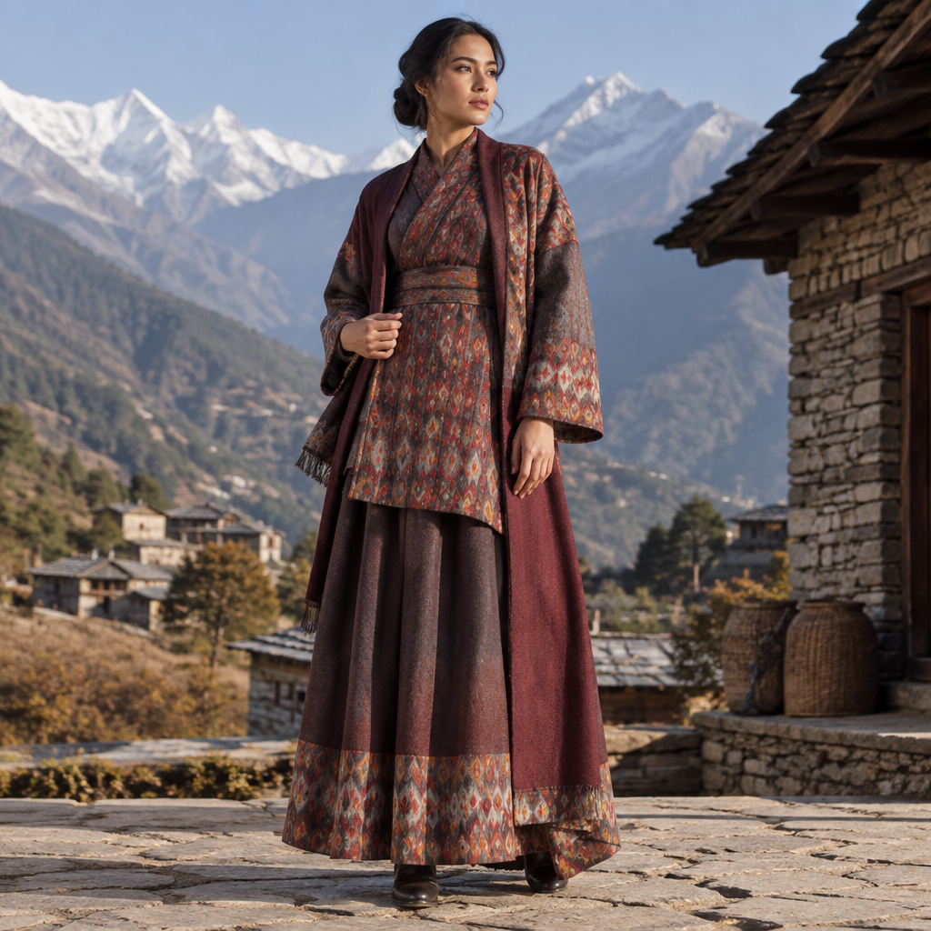 A Female Dress design, suitable for Fall. Consider Nepali fashion — daura suruwal, gunyo cholo; Dhaka topi influence; mountain-climate appropriate. Current season is Autumn in Nepal. Present it as professional fashion catalogue photography: the garment is the subject, shown full-length with editorial styling, neutral posing and tasteful, non-suggestive framing.
photorealistic fashion design, A Female Dress design, suitable for Fall. Consider Nepali fashion — daura suruwal, gunyo cholo; Dhaka topi influence; mountain-climate appropriate. Current season is Autumn in Nepal. Present it as professional fashion catalogue photography: the garment is the subject, shown full-length with editorial styling, neutral posing and tasteful, non-suggestive framing., just the design no text