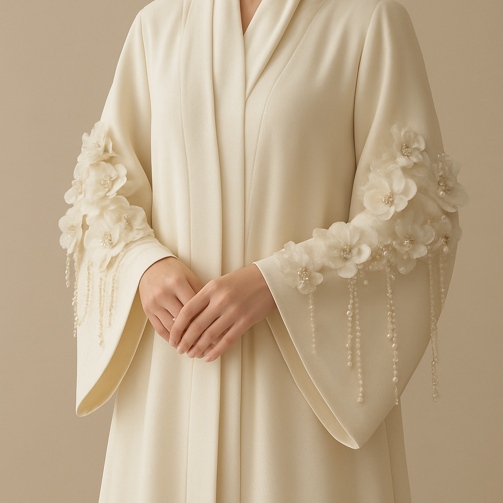 The Pearl Blossom Aura Abaya
Tone: Ivory or cream gold
Design:
Soft 3D blossoms around the sleeves, paired with delicate pearl strings hanging lightly.
Embellishment:
Creamy pearls + small champagne crystals.
Vibe: Bridal, gentle, luxurious purity.
The Pearl Blossom Aura Abaya
Tone: Ivory or cream gold
Design:
Soft 3D blossoms around the sleeves, paired with delicate pearl strings hanging lightly.
Embellishment:
Creamy pearls + small champagne crystals.
Vibe: Bridal, gentle, luxurious purity.