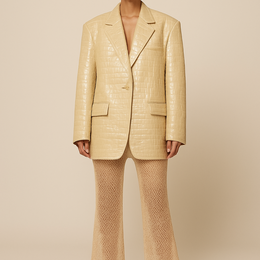 Can you make a leather oversized blazer crocodile print coming to the mid thigh in olive green with shoulder pads
Can you change it to high gloss shine and a lighter shade of olive and show it on a model with bare legs
Can you make the crocodile print more detailed and change the shade to a more shade green and pair it with the same colour mesh trousers
Can you change the colour to cherry red with matching mesh trousers that have a faint snake print design
Can you make the blazer more oversized and a deeper shade of red closer to wine and the trousers looser
Can you show the image in full length with mesh snakeskin flares
Can you change the whole outfit colour to beige
Change to cream with smaller crocodile print design
Cream in colour with dark and light tones on jacket
Can you make a leather oversized blazer crocodile print coming to the mid thigh in olive green with shoulder pads
Can you change it to high gloss shine and a lighter shade of olive and show it on a model with bare legs
Can you make the crocodile print more detailed and change the shade to a more shade green and pair it with the same colour mesh trousers
Can you change the colour to cherry red with matching mesh trousers that have a faint snake print design
Can you make the blazer more oversized and a deeper shade of red closer to wine and the trousers looser
Can you show the image in full length with mesh snakeskin flares
Can you change the whole outfit colour to beige
Change to cream with smaller crocodile print design
Cream in colour with dark and light tones on jacket