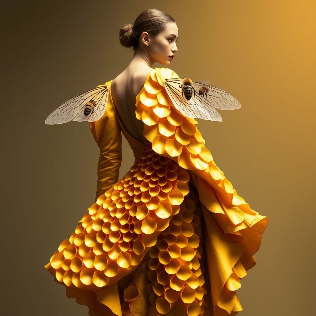 A honey bee & honey comb themed spring day dress.
Design an avant-garde spring day dress inspired by the intricate beauty of honey bees and honeycombs. Envision an asymmetric silhouette with sculptural layers mimicking hexagonal honeycomb patterns. Use iridescent yellows and deep browns, incorporating playful 3D bee appliqués and oversized, asymmetrical sleeves that evoke the elegance of nature's design.
