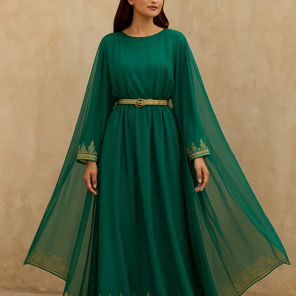 A flowing, elegant dress designed in deep emerald green, symbolizing the color of the Saudi flag. The fabric features subtle gold embroidery along the sleeves and hemline, reflecting traditional Saudi patterns. The waist is accentuated with a gold braided belt, adding a touch of heritage and sophistication. The dress includes a light, sheer green cape that drapes gracefully over the shoulders, giving it a regal and celebratory look.

Perfect for National Day events, cultural celebrations, or formal gatherings.

Ready To Wear fashion design: Flowing emerald green dress. Silk fabric with subtle gold embroidery on sleeves and hem in traditional Saudi patterns. Defined waist with a gold braided belt. Light, sheer green cape. Relaxed fit. Ideal for special occasions.
