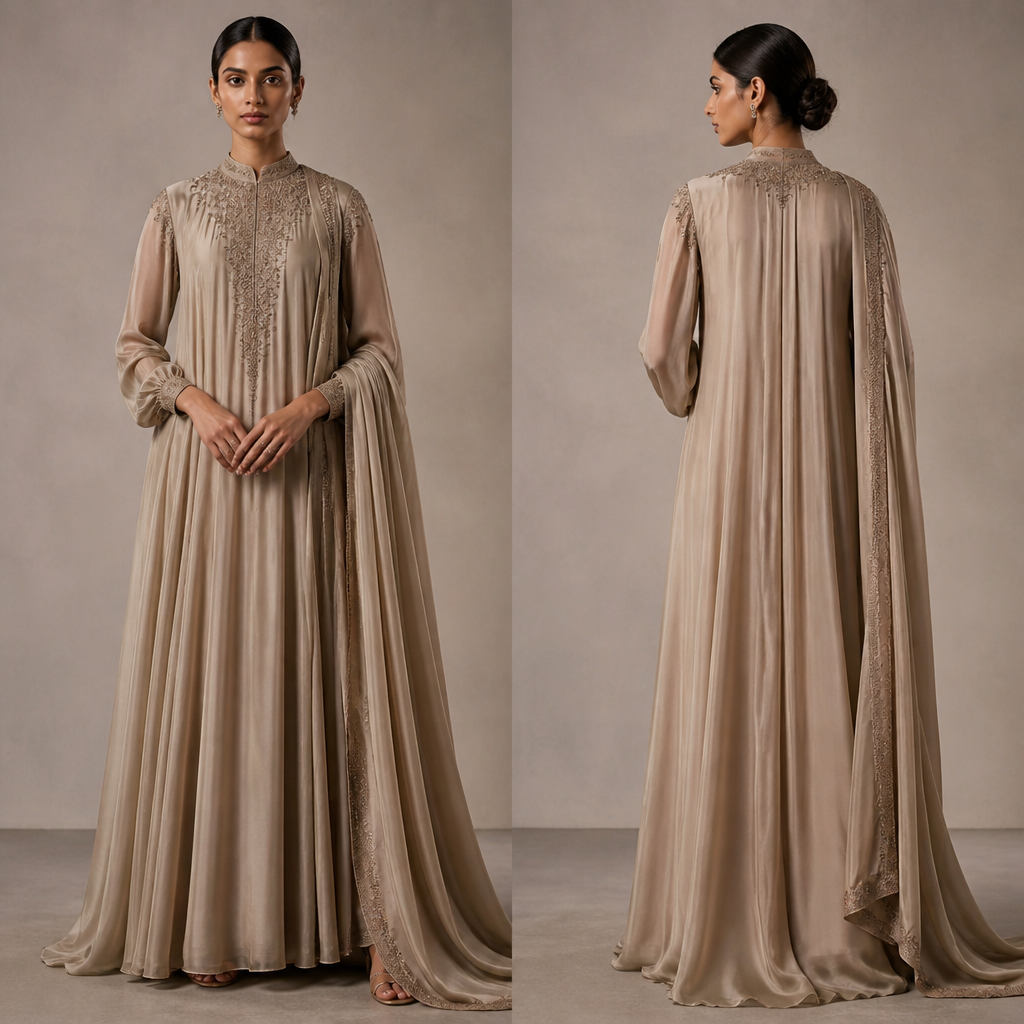 A Dress design, made of Silk, with a light, flowing drape, with a Relaxed silhouette, with modest, full coverage: longer hemlines, higher necklines and covered shoulders, in an Earth Tones color palette, for Wedding, suitable for Fall, suited to a Temperate climate, shown on a model with brown skin and a slim figure. IQ fashion aesthetics. Present it as professional fashion catalogue photography: the garment is the subject, shown full-length with editorial styling, neutral posing and tasteful, non-suggestive framing.
photorealistic fashion design, A Dress design, made of Silk, with a light, flowing drape, with a Relaxed silhouette, with modest, full coverage: longer hemlines, higher necklines and covered shoulders, in an Earth Tones color palette, for Wedding, suitable for Fall, suited to a Temperate climate, shown on a model with brown skin and a slim figure. IQ fashion aesthetics. Present it as professional fashion catalogue photography: the garment is the subject, shown full-length with editorial styling, neutral posing and tasteful, non-suggestive framing., just the design no text, show front and back