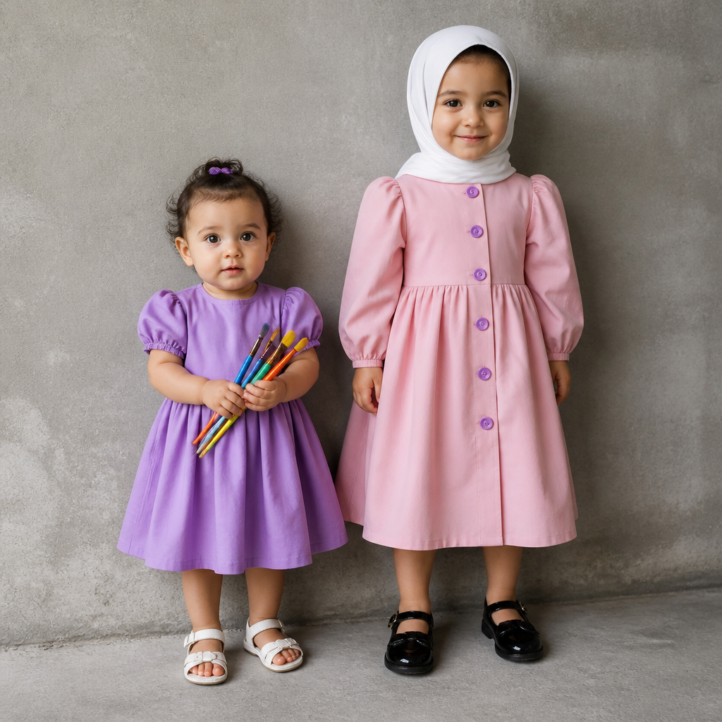 Don't change anything about the girls, neither their faces nor their backgrounds. Just leave the baby girl in purple with colorful brushes and white sandals, and the older one in white with her hair covered, a pink dress with purple buttons, and shiny black shoes.. United Kingdom fashion aesthetics.
photorealistic fashion design, Don't change anything about the girls, neither their faces nor their backgrounds. Just leave the baby girl in purple with colorful brushes and white sandals, and the older one in white with her hair covered, a pink dress with purple buttons, and shiny black shoes.. United Kingdom fashion aesthetics., just the design no text