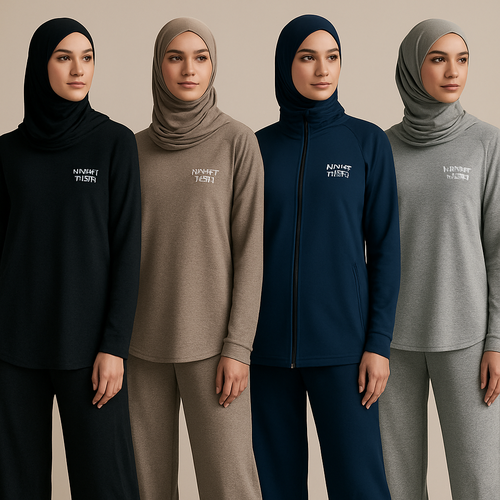 Create a revolutionary women’s modest loose gym wear brand called “Modest Fleur”. Display the brand name on the garments in a unique design on the upper right side, in small thick writing that exudes a classy and sophisticated vibe. I’d like four designs, each showcasing different styles and fabrics, with high-end, unique chic designs to make them truly special.