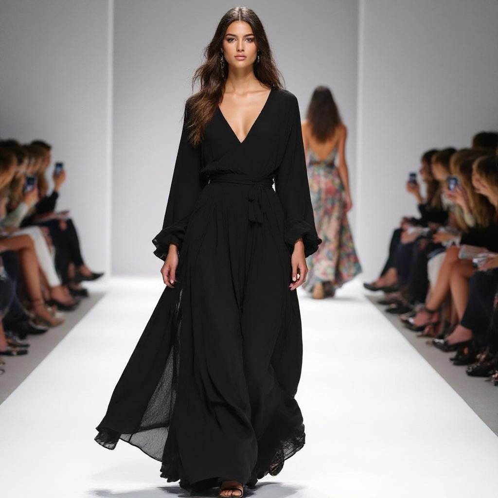 Modella abito nero lungo
Boho Chic fashion: Model wearing a long black dress. Flowy fabric, relaxed fit. Bohemian style, ethereal, natural.