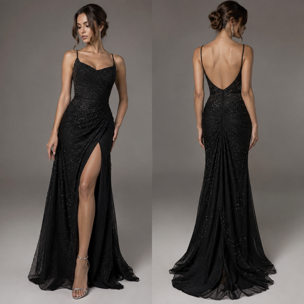 Design an outfit made of black fabric, featuring small, shimmering stones and a slit for the leg.
photorealistic fashion design, Design an outfit made of black fabric, featuring small, shimmering stones and a slit for the leg., just the design no text