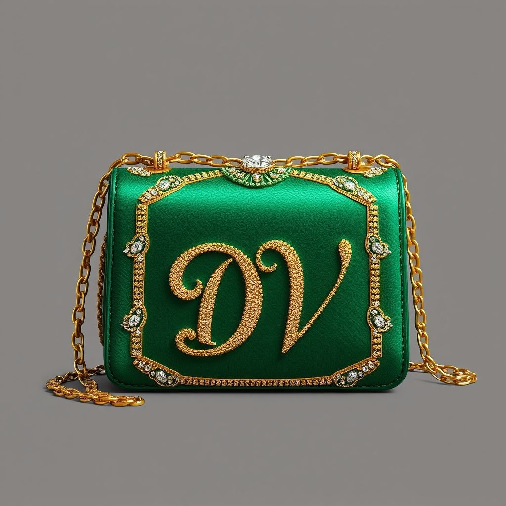 A handbag with the name “Da’Vine” on it. With DV on it
Design a luxurious handbag named “Da’Vine,” featuring an opulent mix of shimmering gold and rich emerald green. Adorn the exterior with intricate beadwork and the elegant initials “DV” in a flowing, script font. Enhance its glamour with a chunky chain strap and a touch of dazzling crystals for an unmatched sparkle.