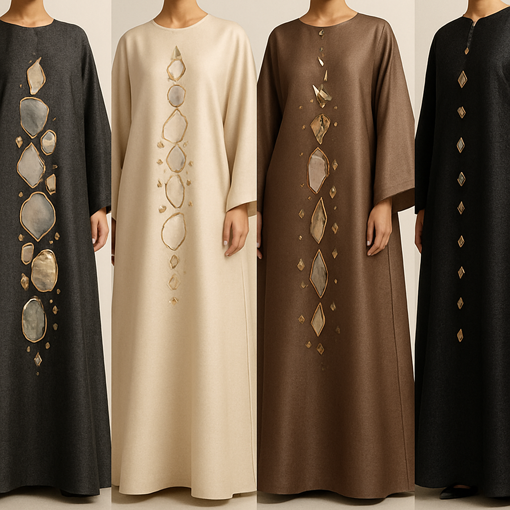 Create a modest boubou, the first of its kind, featuring a unique stone design that exudes a classy and sophisticated vibe. I'd like four designs, each showcasing different styles and fabrics. Incorporate high-end, unique chic stone designs to make them truly special. Add little sophisticated stone designs.

Create a modest boubou, the first of its kind, featuring a unique stone design that exudes a classy and sophisticated vibe. I'd like four designs, each showcasing different styles and fabrics. Incorporate high-end, unique chic stone designs to make them truly special. Add little sophisticated stone designs.