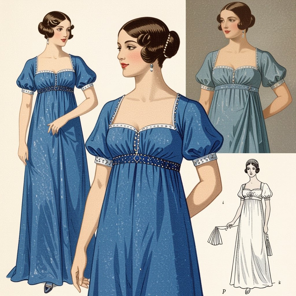 A blue draped pharoanic inspired gown with beadings that doesnt look costumey
Regency fashion: A blue draped gown of cotton, pharaonic inspired, with small beadings on the high waist and short puffed sleeves.