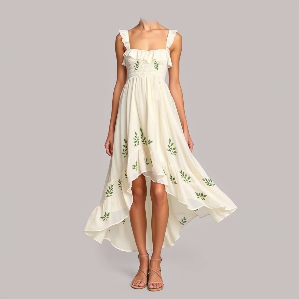 שמלה קיצית בסטייל קליל יווני
Imagine a flowing summer dress inspired by Greek aesthetics, crafted from lightweight, airy fabrics in soft pastel hues. The silhouette features delicate ruffles cascading down the bodice, with an asymmetrical hemline that dances with every movement. Adorned with intricate embroidery of olive branches and complemented by strappy sandals, this look embodies effortless elegance and vibrant summer spirit.