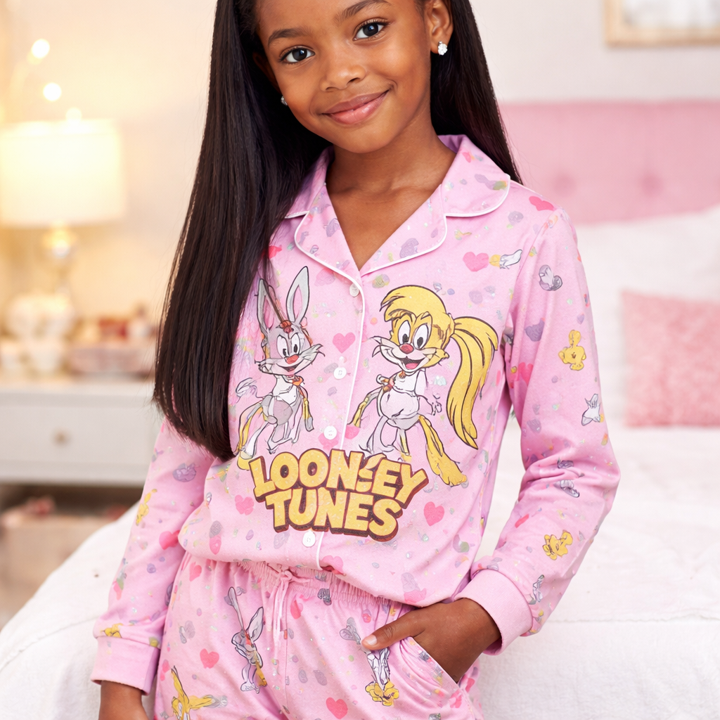 A black girl with straight black hair 10years old with small Diamond earrings pink looney tunes pjs sleepwear
A black girl with straight black hair 10years old with small Diamond earrings pink looney tunes pjs sleepwear