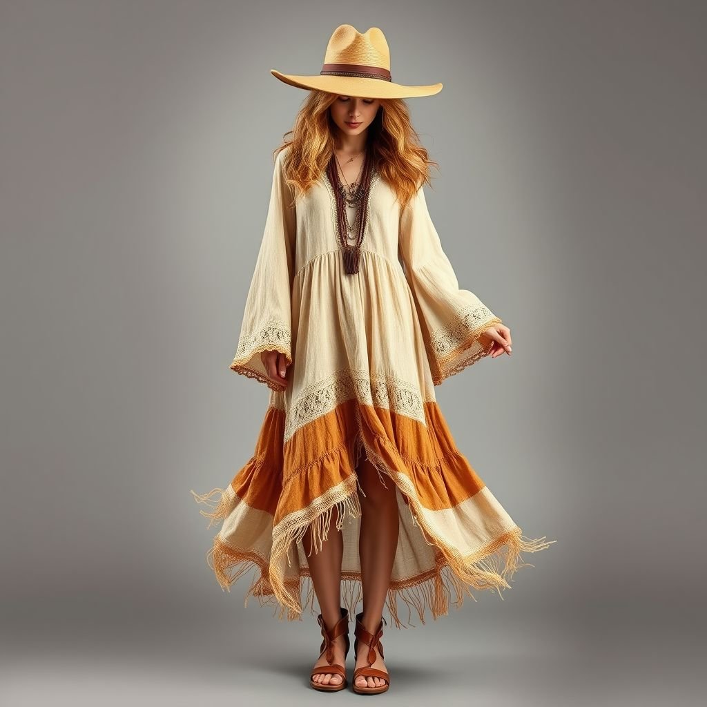 Boho
Create a whimsical bohemian dress that flows gracefully to the floor, featuring layers of lightweight, vintage fabrics in earthy tones. Adorn it with intricate lace trims, oversized bell sleeves, and a fringed hemline. Accessorize with layered necklaces, wide-brimmed hats, and handcrafted leather sandals for an effortlessly free-spirited look.