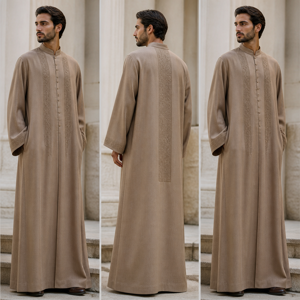A Male Abaya design, in Haute Couture style. عباية بقماش لان بزراير. Algeria fashion aesthetics. Present it as professional fashion catalogue photography: the garment is the subject, shown full-length with editorial styling, neutral posing and tasteful, non-suggestive framing.
photorealistic fashion design, A Male Abaya design, in Haute Couture style. عباية بقماش لان بزراير. Algeria fashion aesthetics. Present it as professional fashion catalogue photography: the garment is the subject, shown full-length with editorial styling, neutral posing and tasteful, non-suggestive framing., haute_couture style, just the design no text