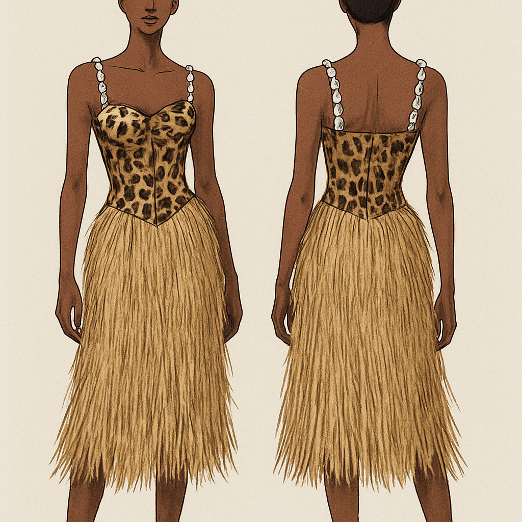 Raphia skirt
Leopard corset with cowries
With cowries strap over the shoulder
Raphia skirt
Leopard corset with cowries
With cowries strap over the shoulder
, show front and back